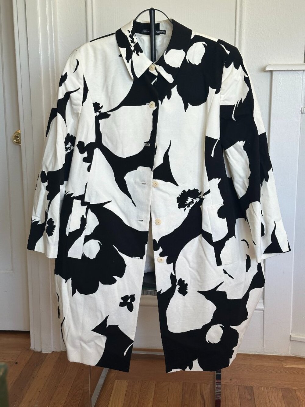 Linda Allard Ellen Tracy Graphic Floral Coat | Black & White Cotton Topper Sz 22